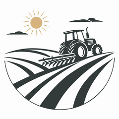 Vector illustration of tractor plowing field under the sun agriculture concept art