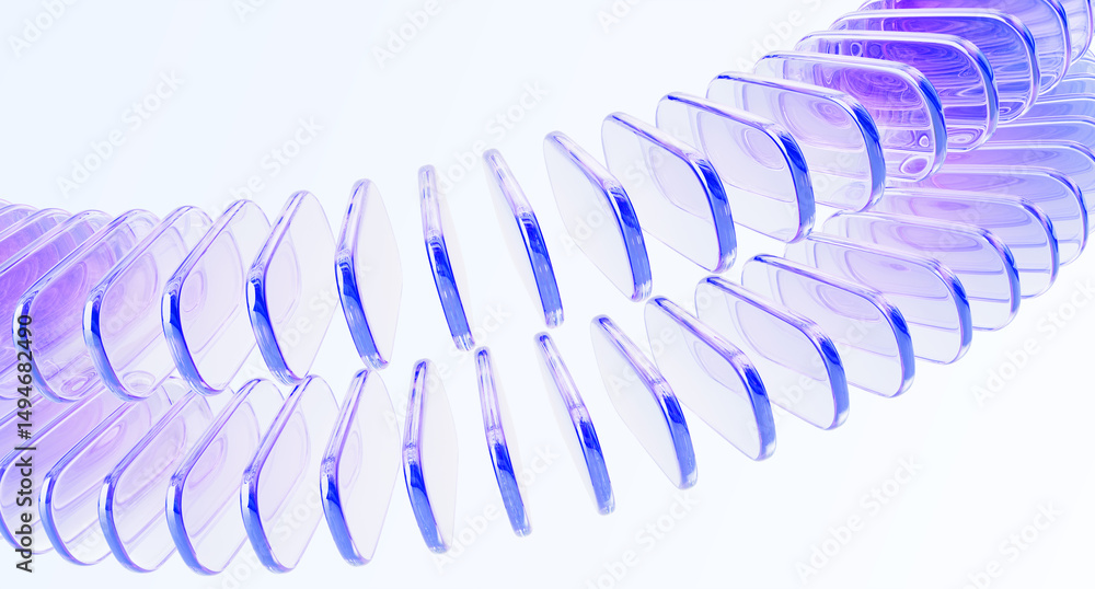 Poster 3d background with glass holographic rectangular plates rows. abstract wave curve pattern. transpare