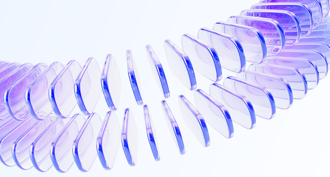 3d background with glass holographic rectangular plates rows. Abstract wave curve pattern. Transparent rectangle shapes with rounded corners, light purple gradient and motion effect. 3D illustration
