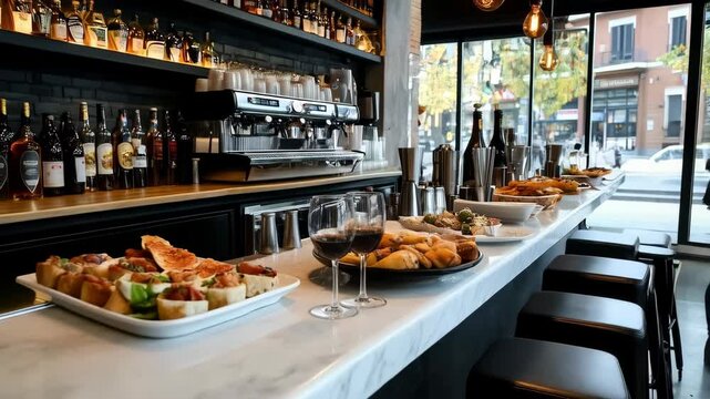 tapas on the plates and glasses of wine in spanish bar 