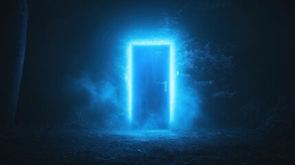 Glowing blue door in a dark, foggy forest. Mysterious and surreal scene