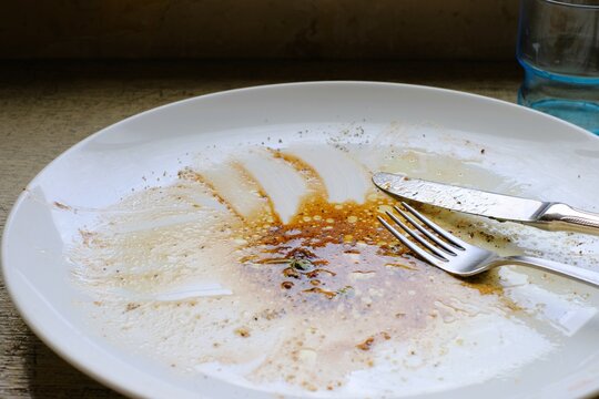 Plate, fork and knife after meal