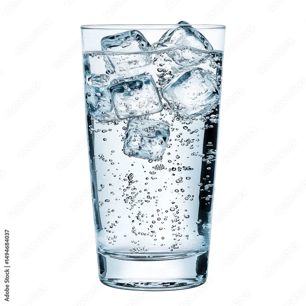 Poster refreshing glass of sparkling water with ice cubes, showcasing bubbles and clarity. perfect for hydr