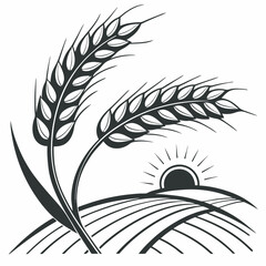Stylized wheat ears silhouette over fields with rising sun vector illustration