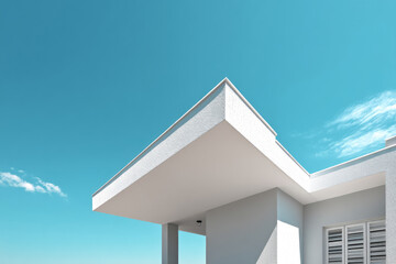 Modern building with clean lines and white overhang against blue sky
