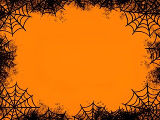 Grunge Halloween Spider Web Frame on Orange Background for Spooky Designs