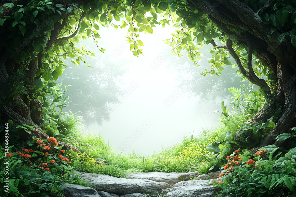 Poster a serene forest opening with lush greenery and soft light, inviting exploration and tranquility in n