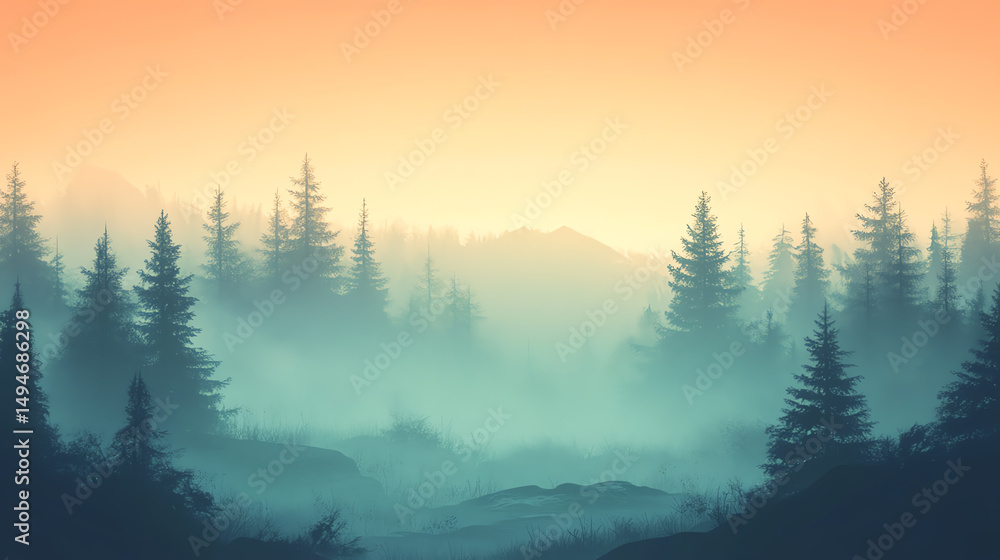 Poster a serene misty forest at dawn, showcasing towering trees surrounded by mystical fog in a tranquil at