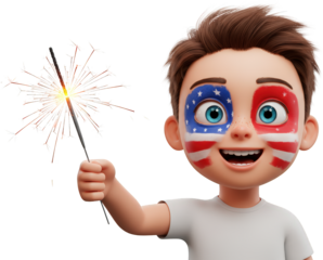 Happy Boy with USA Face Paint Holding Sparkler 4th of July Celebration