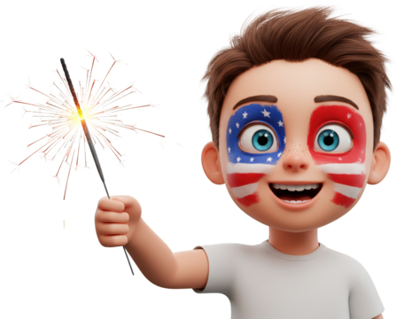Happy Boy with USA Face Paint Holding Sparkler 4th of July Celebration