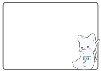 A frame background of a white cat sitting and brushing his teeth
