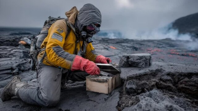 Geologist Inspecting Volcanic Rock Sample: An experienced geologist, clad in protective gear, meticulously examines a sample of volcanic rock amidst a rugged terrain of cooled lava.