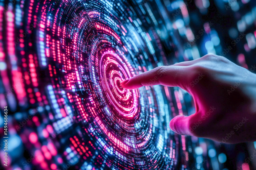 Poster close-up of a hand touching a glowing panel with concentric circles and a matrix of dots. the colors