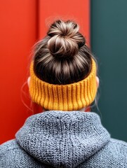 Woman with brown hair in a bun, wearing a gray sweater and a yellow knitted headband. The background is a red and green wall
