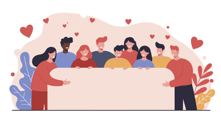 Group of diverse people holding blank banner with hearts in background  