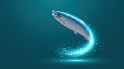 Icy blue glowing luminous fish flying upward along a sparkling light trail, glowing particle dust scattered throughout, soft bokeh and fairy dust floating gently, vivid icy blue tones, its glowing