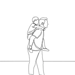 Single one-line drawing father carrying his child on his back. Father's Day concept. Continuous line draw design graphic vector illustration.