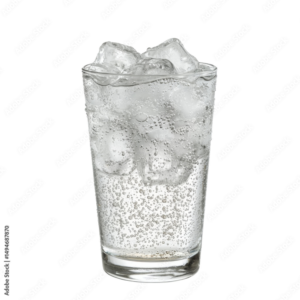 Poster refreshing sparkling water with ice in clear glass, showcasing bubbles and condensation. perfect for