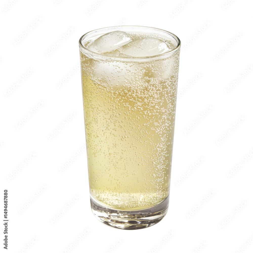 Poster refreshing sparkling drink in clear glass with ice cubes, perfect for any occasion. enjoy fizzy sens