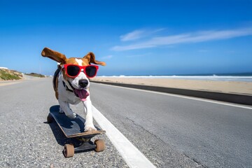 Cool Beagle dog Ride by the Shore: A charming dog with fashionable sunglasses confidently cruises down the road on a skateboard, the beach providing a scenic backdrop.