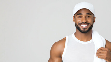 A smiling young man in a sleeveless shirt and cap, exuding confidence and positivity in a minimalistic setting.