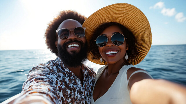 Cheerful African American couple enjoys a sunny day at the beach while taking a selfie during their vacation