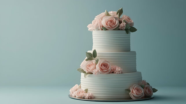 Wedding cake adorned with rose decoration, blank space for personalization