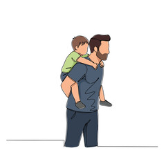 Single one-line drawing father carrying his child on his back. Father's Day concept. Continuous line draw design graphic vector illustration.