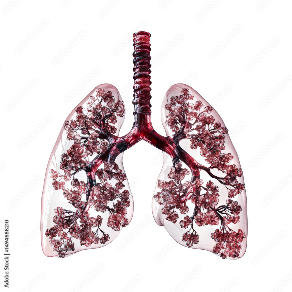Poster anatomical model of human lungs showcasing detailed bronchial structure and alveoli. this illustrati