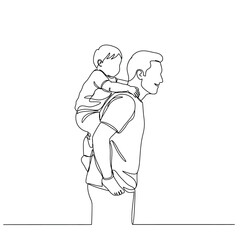 Single one-line drawing father carrying his child on his back. Father's Day concept. Continuous line draw design graphic vector illustration.