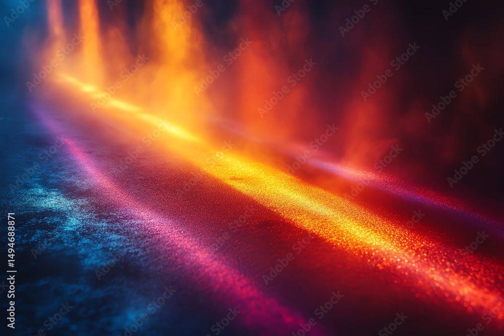 Leinwandbilder A vibrant display of light reflecting off a wet surface, showcasing a spectrum of colors in an ethereal ambiance.
