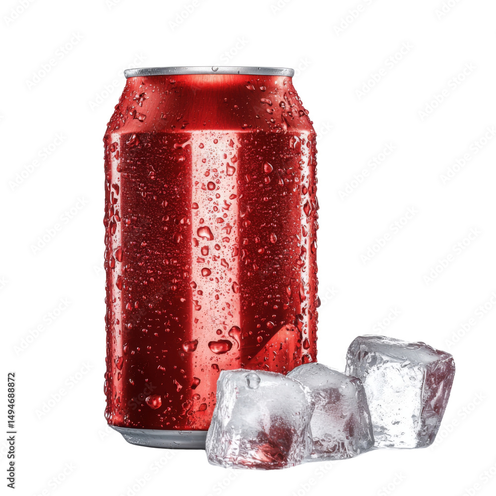 Poster cold red beverage can with condensation sits beside ice cubes, evoking refreshing feeling. perfect f