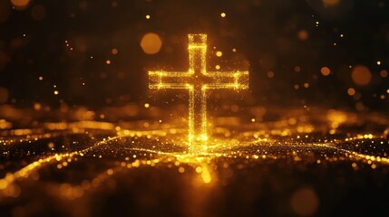 Glowing golden cross sparkles on dark background