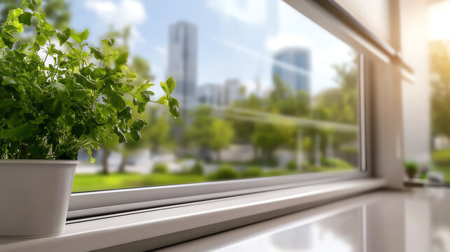 Fototapeta A vibrant green plant sits on a windowsill, overlooking a sunny urban landscape, symbolizing nature in the city.