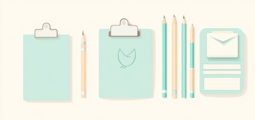 A corporate identity or branding stationery design mock-up set is presented from a top view, featuring a blue color scheme on a grey background, complete with a folder, letter, envelope, and business