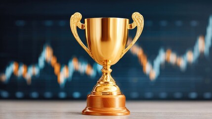 Golden Cup against the background of an ascending stock market chart.