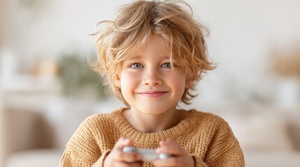 A cheerful boy plays with a joystick in his hands.
