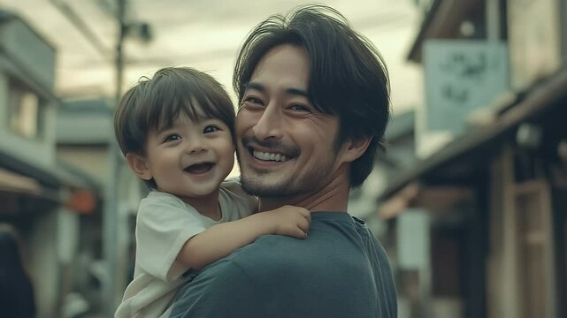A loving father carries his happy toddler son through a Japanese town.  Warm embrace