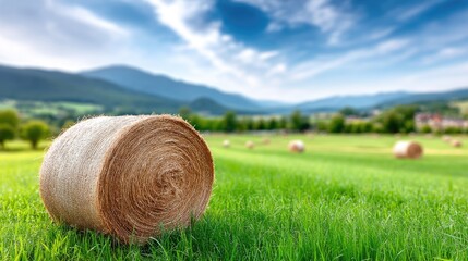 Hay bale on a green field under a blue sky, with mountains in the background. Summer rural landscape with round haystacks and fresh grass.