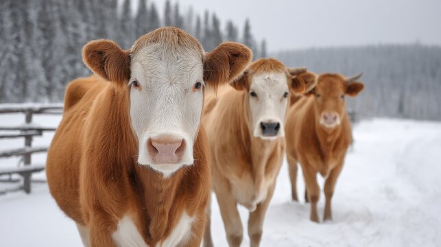 Three cows in a pasture in winter.