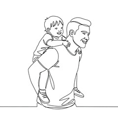 Single one-line drawing father carrying his child on his back. Father's Day concept. Continuous line draw design graphic vector illustration.