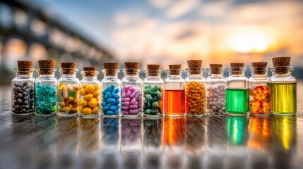 Various brightly colored tablets and liquids in glass jars.