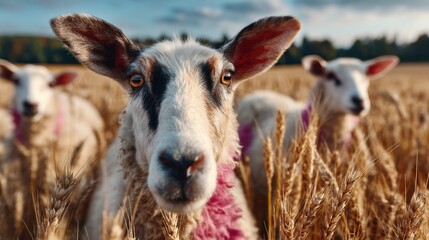 Sheep in a field, close-up of a sheep's face.