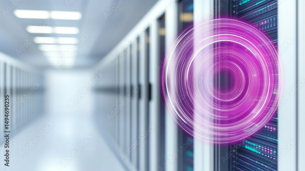 Aufkleber Abstract representation of data processing in a modern server room with vibrant technology elements.