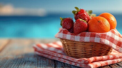 Oranges and strawberries in a picnic basket against the sea.