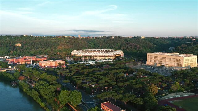 Lo Stadio Olimpico e la Farnesina, sede del Ministero degli Esteri. Roma, Italia
Vista aerea dell'area sportiva dove giocano le squadre di calcio e il ministero degli Esteri, La Farnesina. 