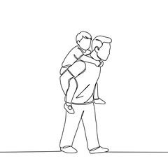 Single one-line drawing father carrying his child on his back. Father's Day concept. Continuous line draw design graphic vector illustration.
