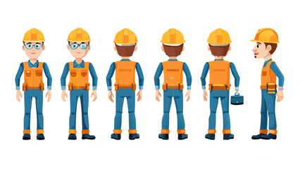 Technician worker wearing helmet, overall uniform, protective goggles. Character constructor for animation. Front, side and back view set. Body parts, postures, poses collection. Vector illustration.T