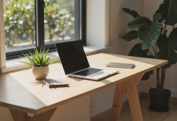 Fototapeta premium Modern workspace featuring a laptop, smartphone, and potted plant