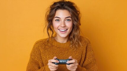 Young woman with a joystick in her hands.
